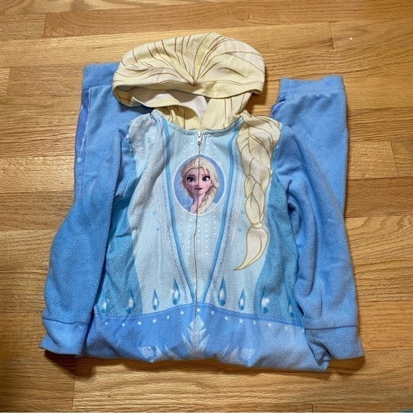 Disney Elsa Sleep Suit Onesie Sz 4 Full Zip Hooded Frozen Blue - Picture 2 of 4
